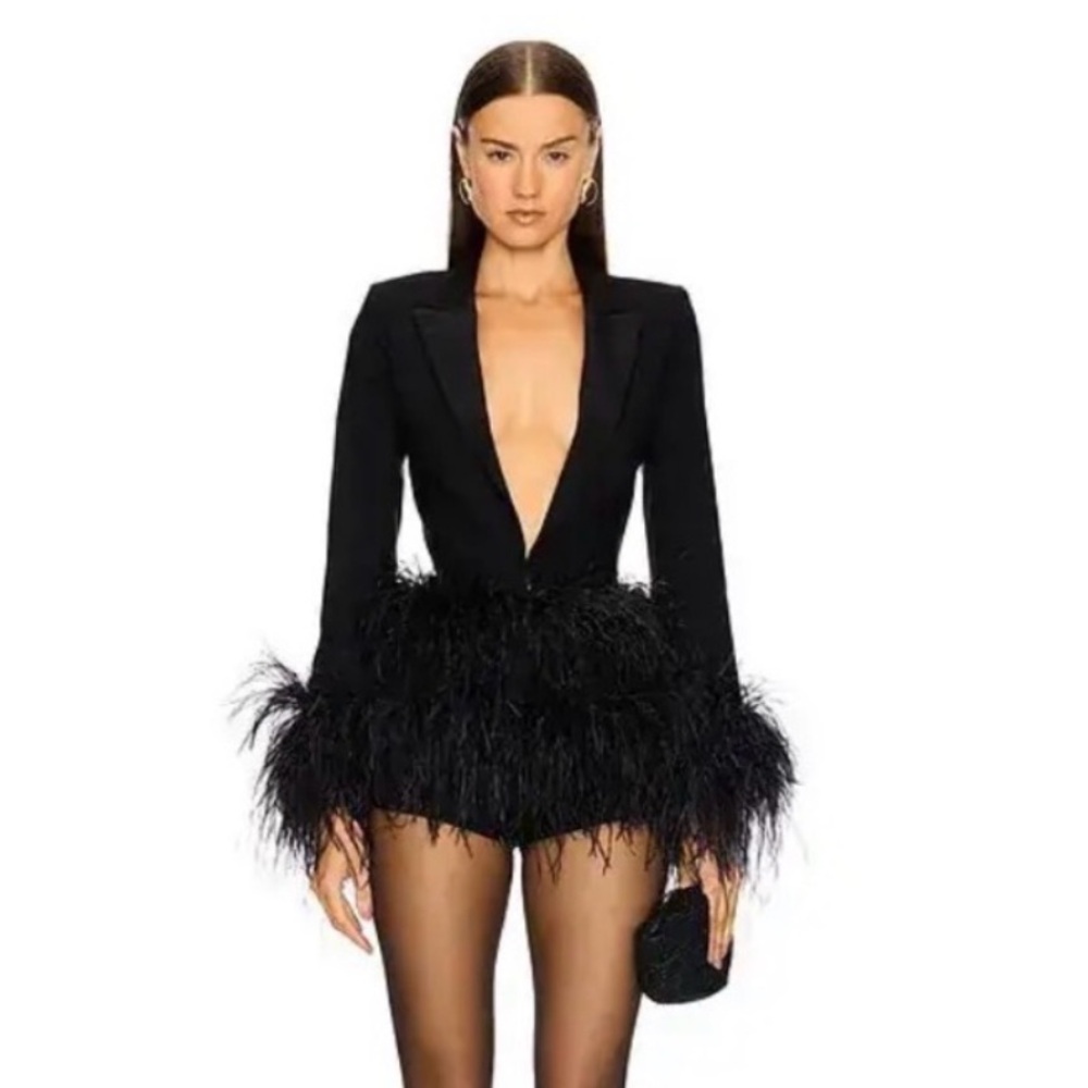 Michael Costello Black Feathered X Raisa Romper